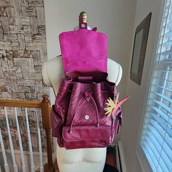 Woven Leather Backpack in Burgundy - Picture 5 of 15